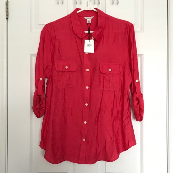 NWT Y2K Calvin Klein Long Sleeve Button Down Top M Red Pink - Picture 1 of 6
